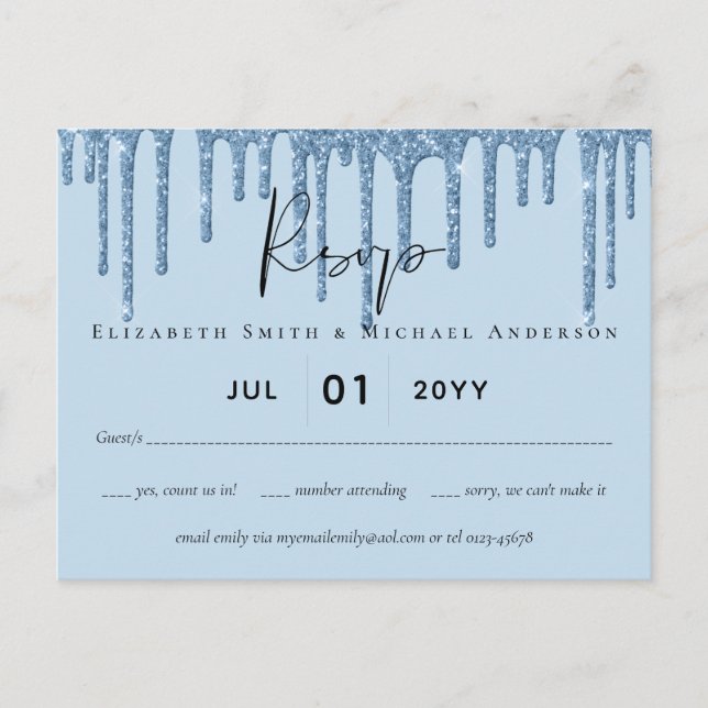 Budget Pretty Girly BLUE Glitter Wedding RSVP Postcard (Front)