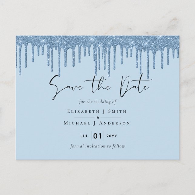 Budget Pretty Girly BLUE Glitter Wedding Save Date Postcard (Front)