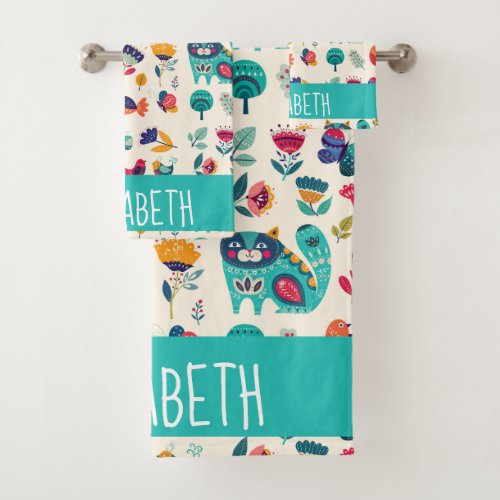 Budget Pretty Girly Cats Folk Art Style ADD NAME Bath Towel Set