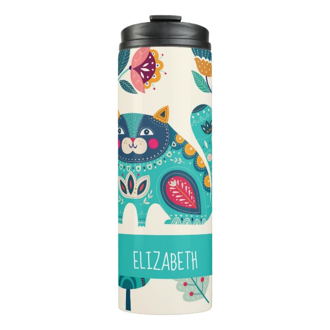 Budget Pretty Girly Cats Folk Art Style ADD NAME Thermal Tumbler (Front)