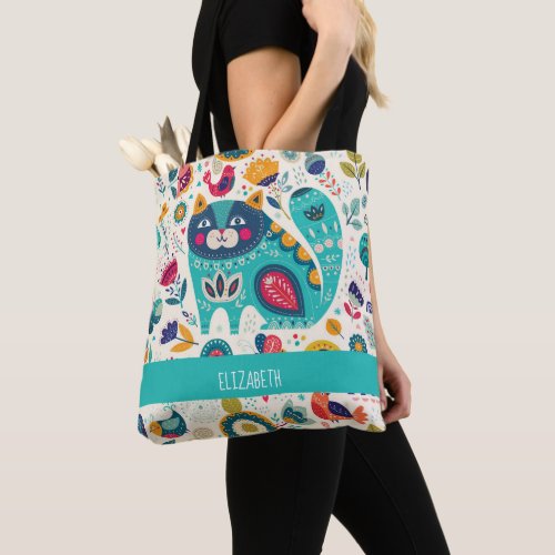 Budget Pretty Girly Cats Folk Art Style ADD NAME Tote Bag