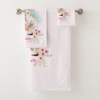 Budget Pretty Girly Pink Unicorn Floral Named Gift Bath Towel Set