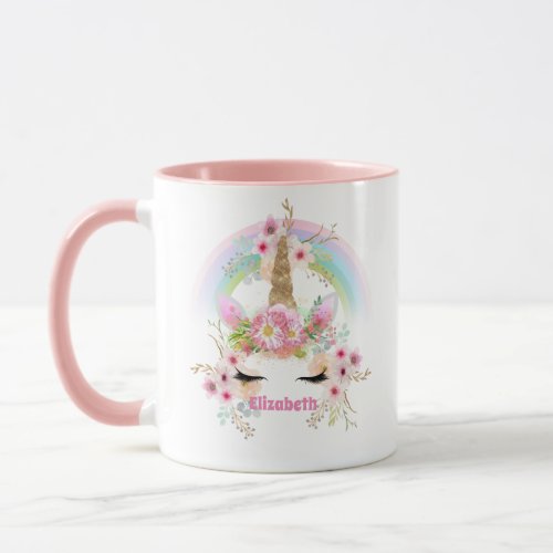 Budget Pretty Girly Pink Unicorn Floral Named Gift Mug