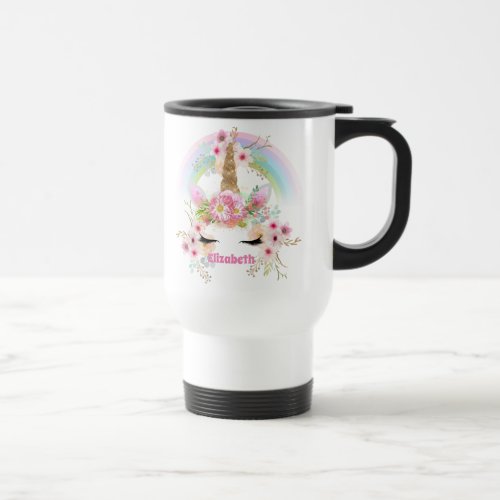 Budget Pretty Girly Pink Unicorn Floral Named Gift Travel Mug