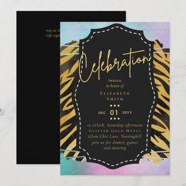 Budget Pretty Girly Sweet16 Gold Animal Print Inv Invitation (Front/Back)