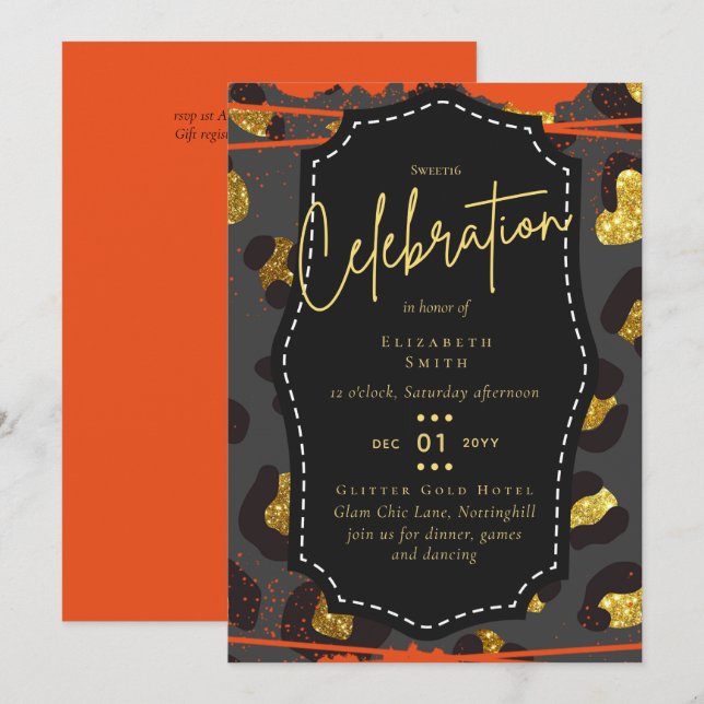 Budget Pretty Girly Sweet16 Gold Animal Print Inv Invitation (Front/Back)