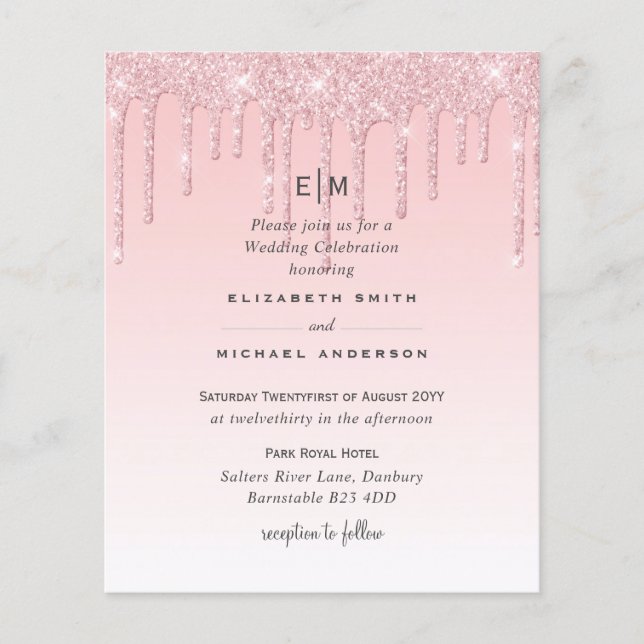 Budget Pretty Girly Wedding Glitter Pink Invite (Front)