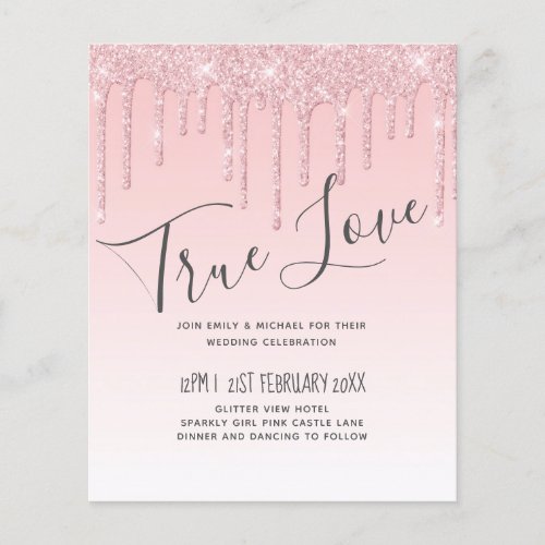 Budget Pretty Girly Wedding Glitter Pink Invite