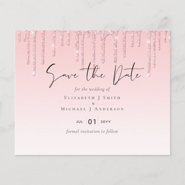Budget Pretty Girly Wedding Save Date Glitter Pink (Front)