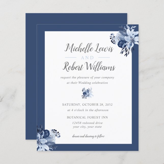 BUDGET Pretty Gray Navy Blue Floral wedding (Front/Back)