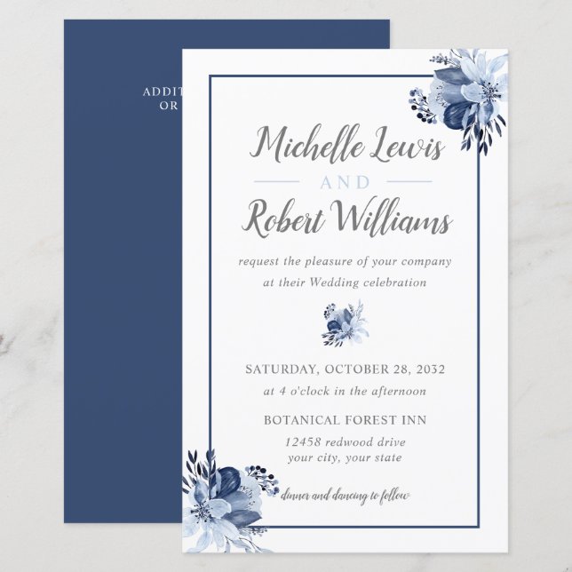 BUDGET Pretty Gray Navy  Floral 5,5x8,5 wedding  (Front/Back)