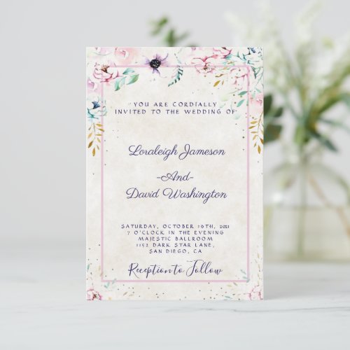 Budget Pretty Pink and purple floral wedding  Invi Invitation