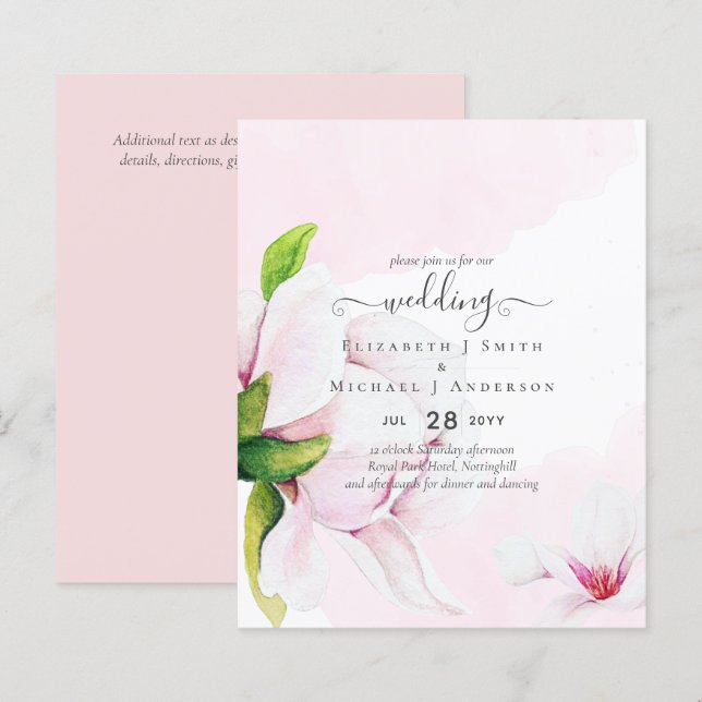 BUDGET Pretty Pink Magnolias Floral Wedding Invite (Front/Back)