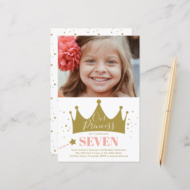 Budget Princess Pink Modern Birthday Invitation (Front/Back In Situ)
