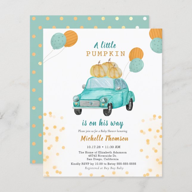 Budget Pumpkin Blue Gold Car Baby Shower (Front/Back)