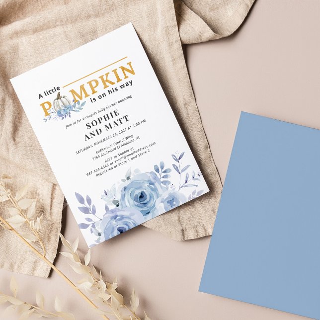 Budget Pumpkin Blue Lilac Boys Baby Shower Note Card (Little Pumpkin Boy Baby Shower Invitation Front and Back View)