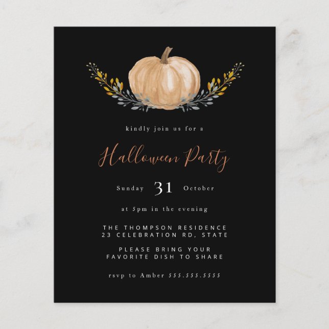 Budget Pumpkin Halloween Black Party Invitation (Front)