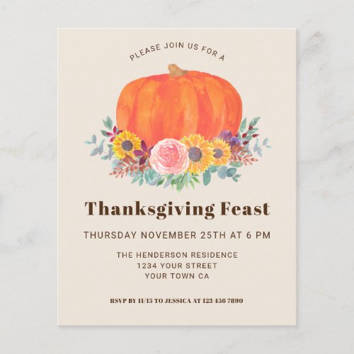 Budget Pumpkin Thanksgiving Dinner Invitation 