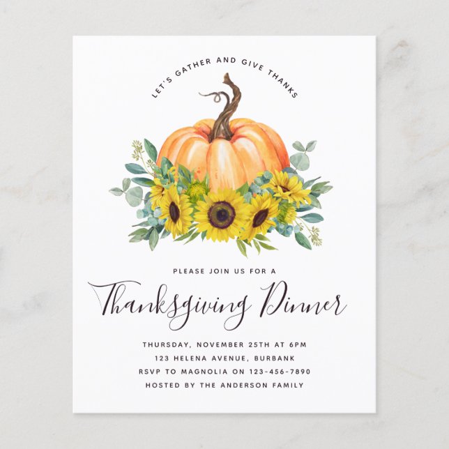 Budget Pumpkin Thanksgiving Dinner Invitation (Front)