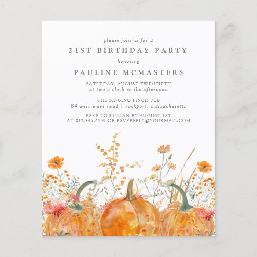 Budget Pumpkin Wildflower 21st Birthday Invitation