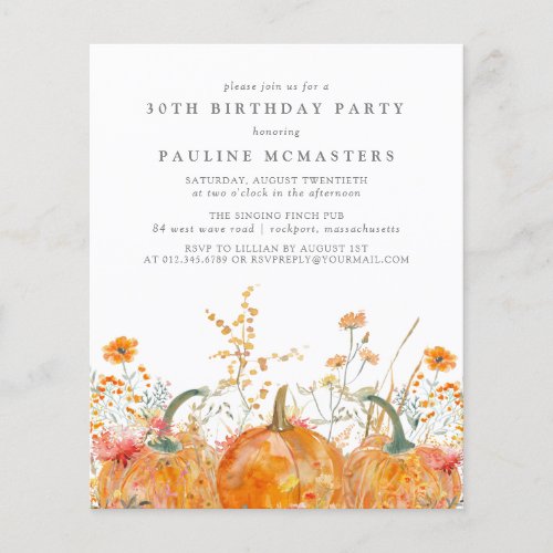 Budget Pumpkin Wildflower 30th Birthday Invitation