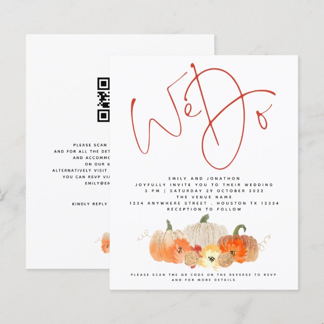 Budget Pumpkins Glitter We Do QR Wedding Invite (Front/Back)