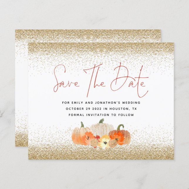 Budget Pumpkins Gold Glitter QR Save The Date  (Front/Back)