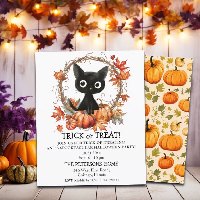 Budget PumpkinWreath BlackCat Halloween Invitation (Creator Uploaded)