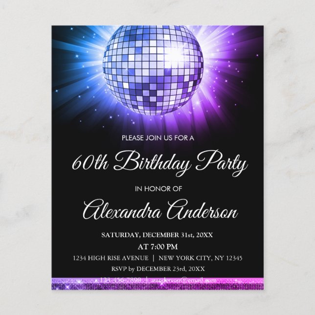 Budget Purple 60th Birthday Party 70's Disco Ball Flyer (Front)