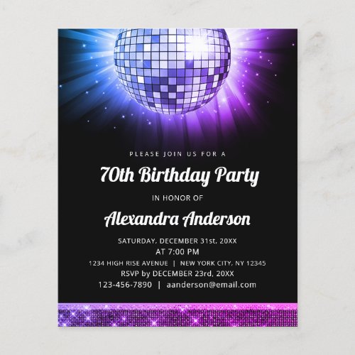 Budget Purple 70th Birthday Party 70s Disco Ball Flyer