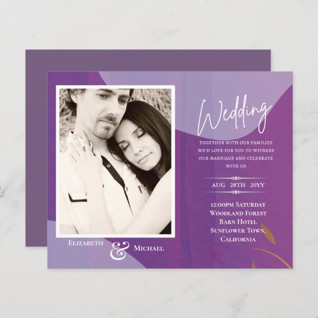 BUDGET Purple Abstract Photo Wedding Invite (Front/Back)