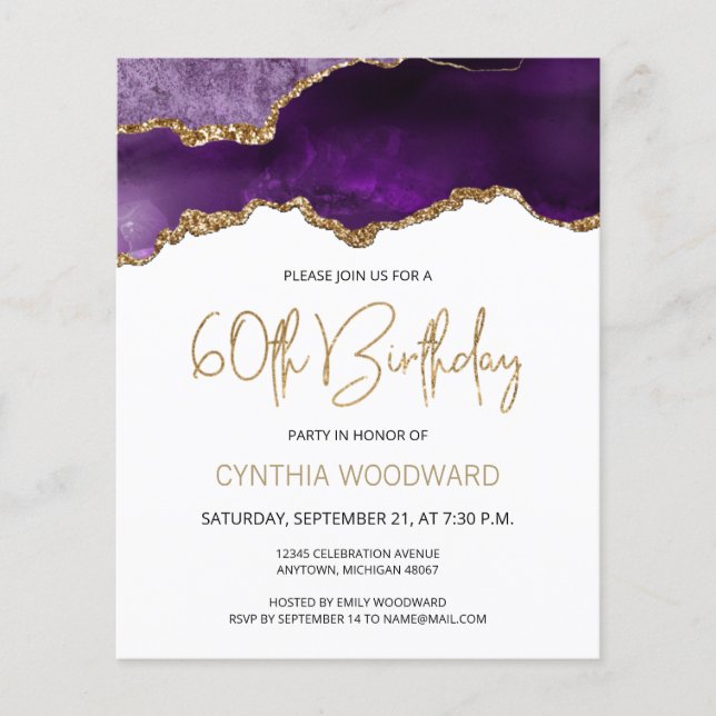 Budget Purple Agate Gold 60th Birthday Invitation (Front)