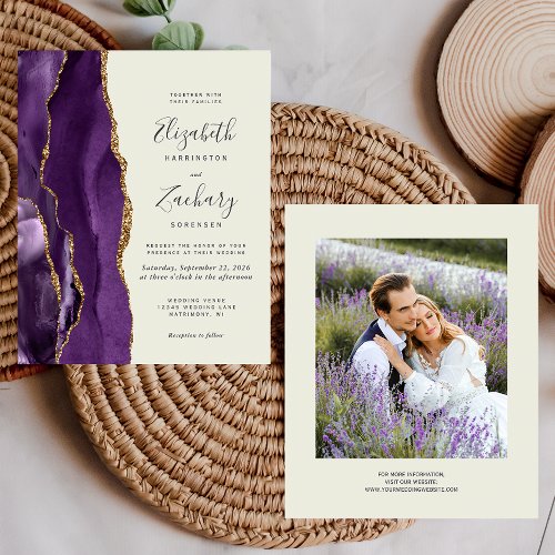 Budget Purple Agate Photo Ivory Wedding Invite