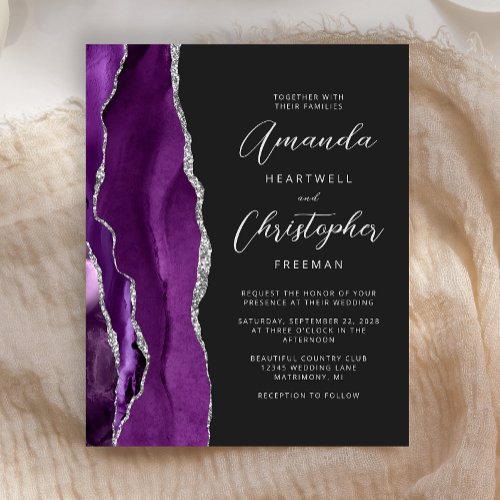 Budget Purple Agate Silver Dark Wedding Invitation