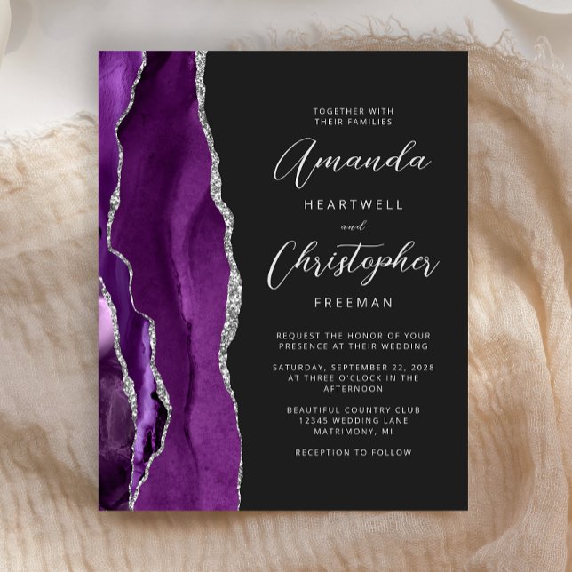 Budget Purple Agate Silver Dark Wedding Invitation (Creator Uploaded)