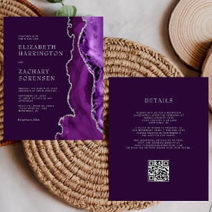 Budget Purple Agate Silver QR Code Wedding Invite