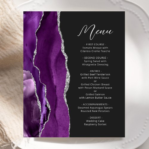 Budget Purple Agate Silver Script Wedding Menu