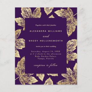 Budget Purple and Gold Fall Leaves Wedding Invite