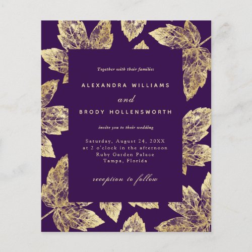 Budget Purple and Gold Fall Leaves Wedding Invite