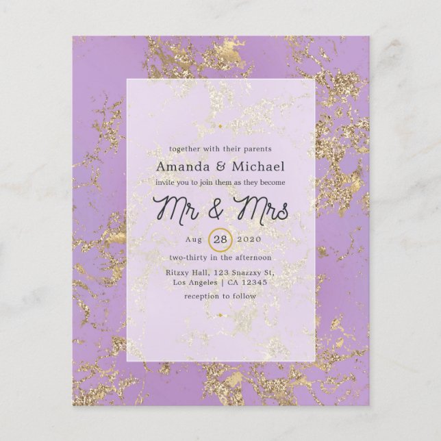 Budget Purple and Gold Marble Wedding Invitation Flyer (Front)