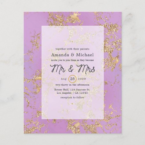 Budget Purple and Gold Marble Wedding Invitation Flyer