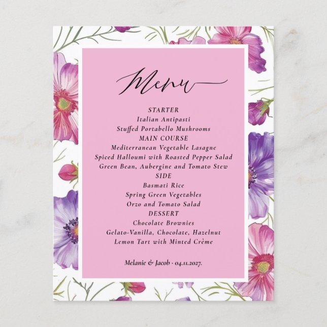 Budget Purple and Pink Floral Wedding  Menu (Front)