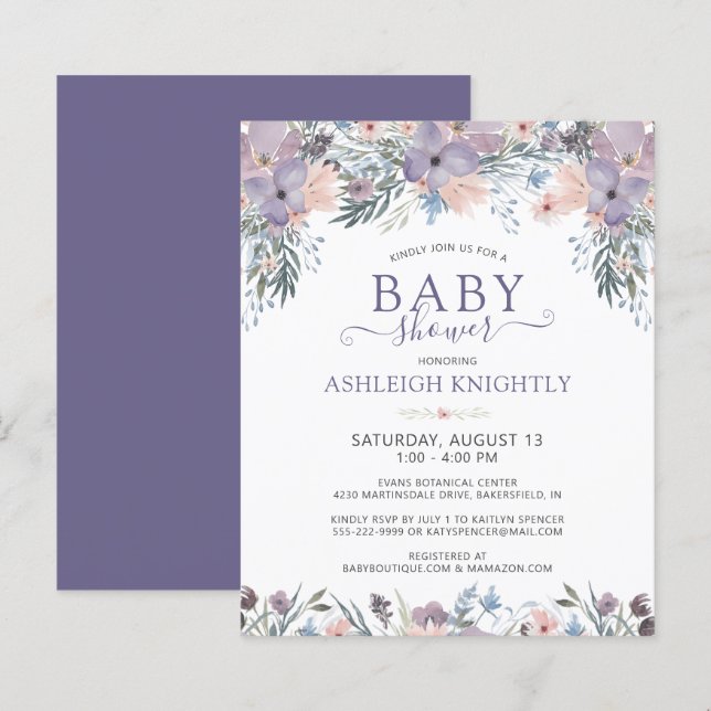 Budget Purple Baby Shower Floral Wildflower Invite (Front/Back)