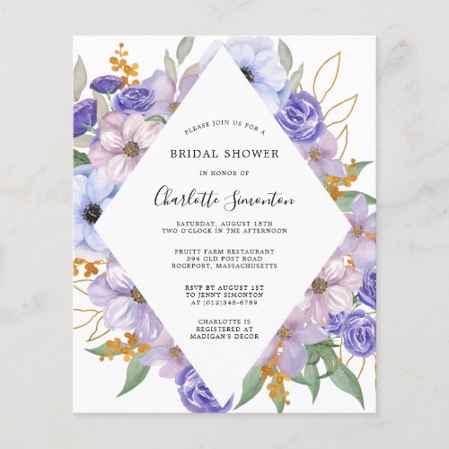 Budget Purple Blue Floral Bridal Shower Invitation