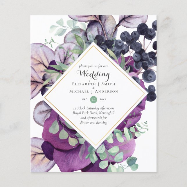 BUDGET Purple Blue Floral Wedding Invitations Flyer (Front)