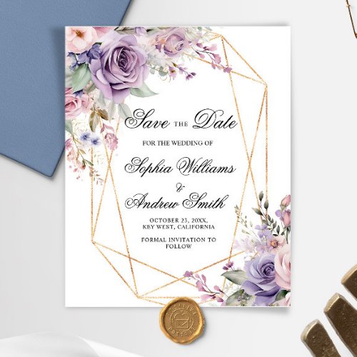 BUDGET Purple  Blush Floral Save The Date Card