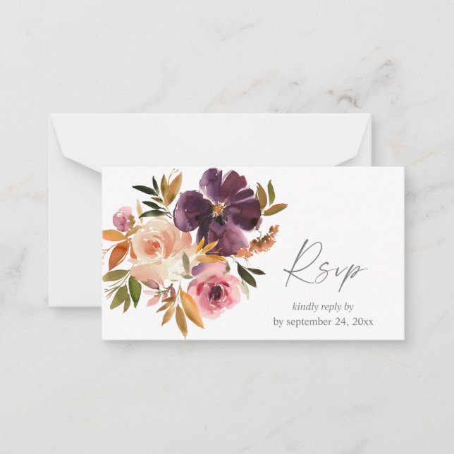 Budget Purple & Blush Pink Floral 2SM Meal RSVP Note Card (Front)
