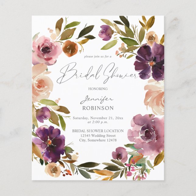 Budget Purple & Blush Pink Floral Bridal Shower (Front)