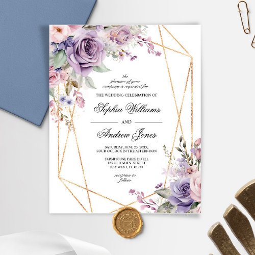 Budget Purple  Blush Rose Wedding Invitation