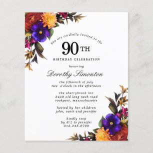 BUDGET Purple Burgundy Floral 90th Birthday Invite